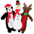 Unstuffed plush squeaker dog toy trio: penguin, snowman, and reindeer characters.