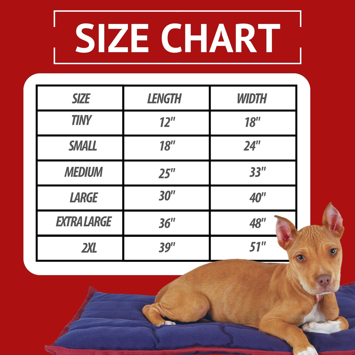 Navy blue washable dog pillow with red trim, flat pad for lounging
