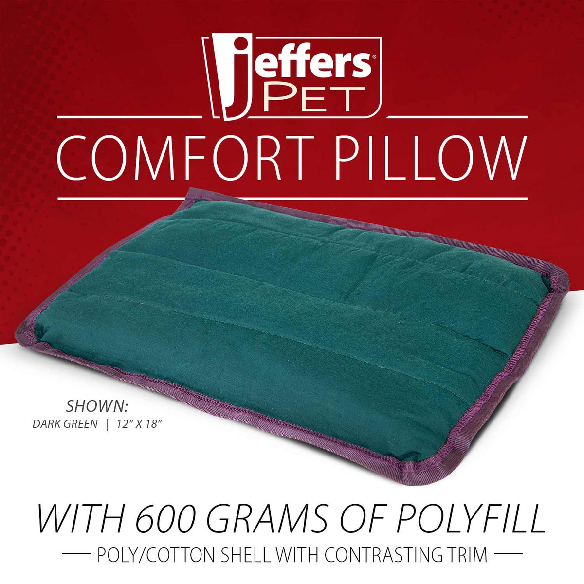 Dark green washable dog pillow with contrasting purple trim, padded crate bed