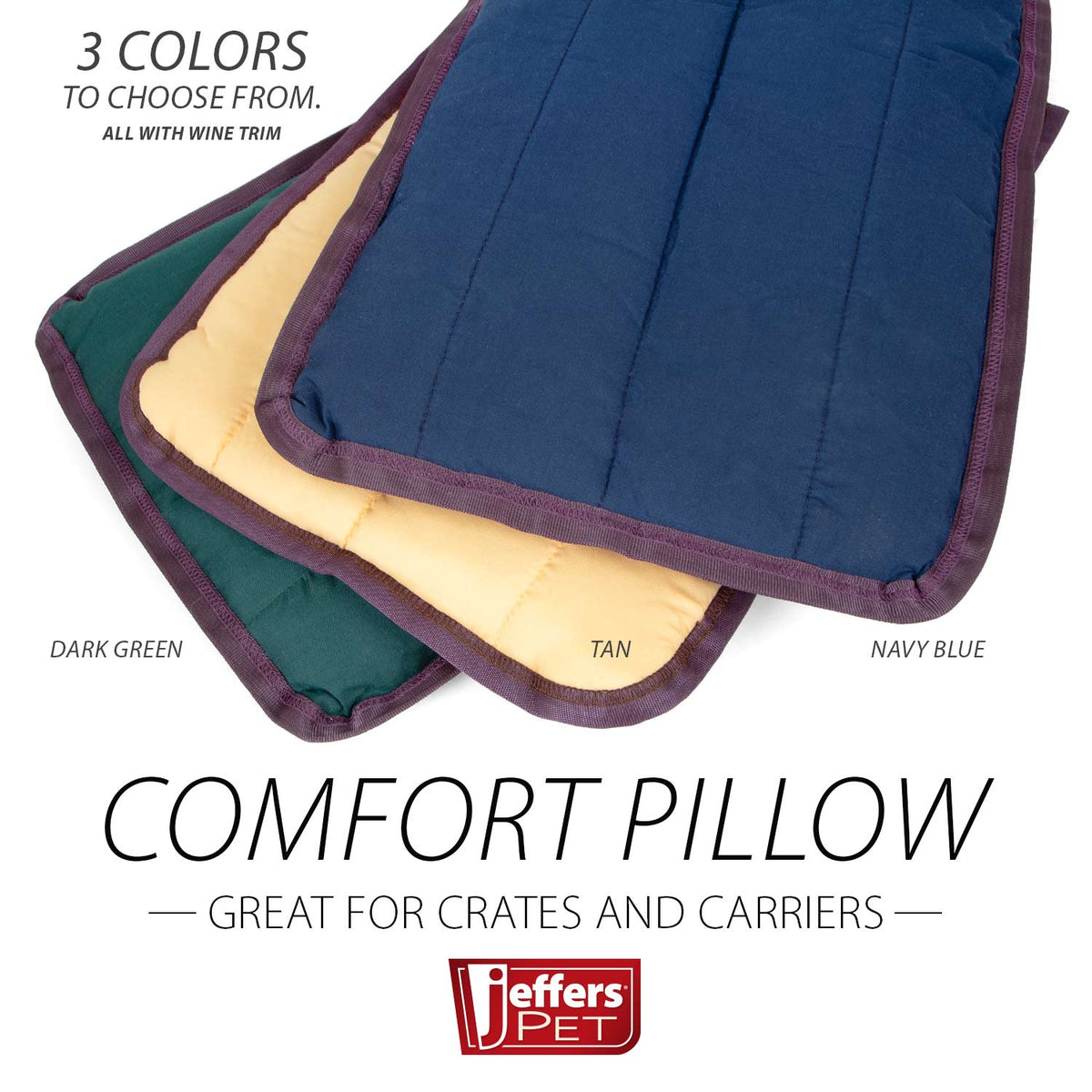 Washable dog pillow in dark green, tan, and navy blue with contrasting trim