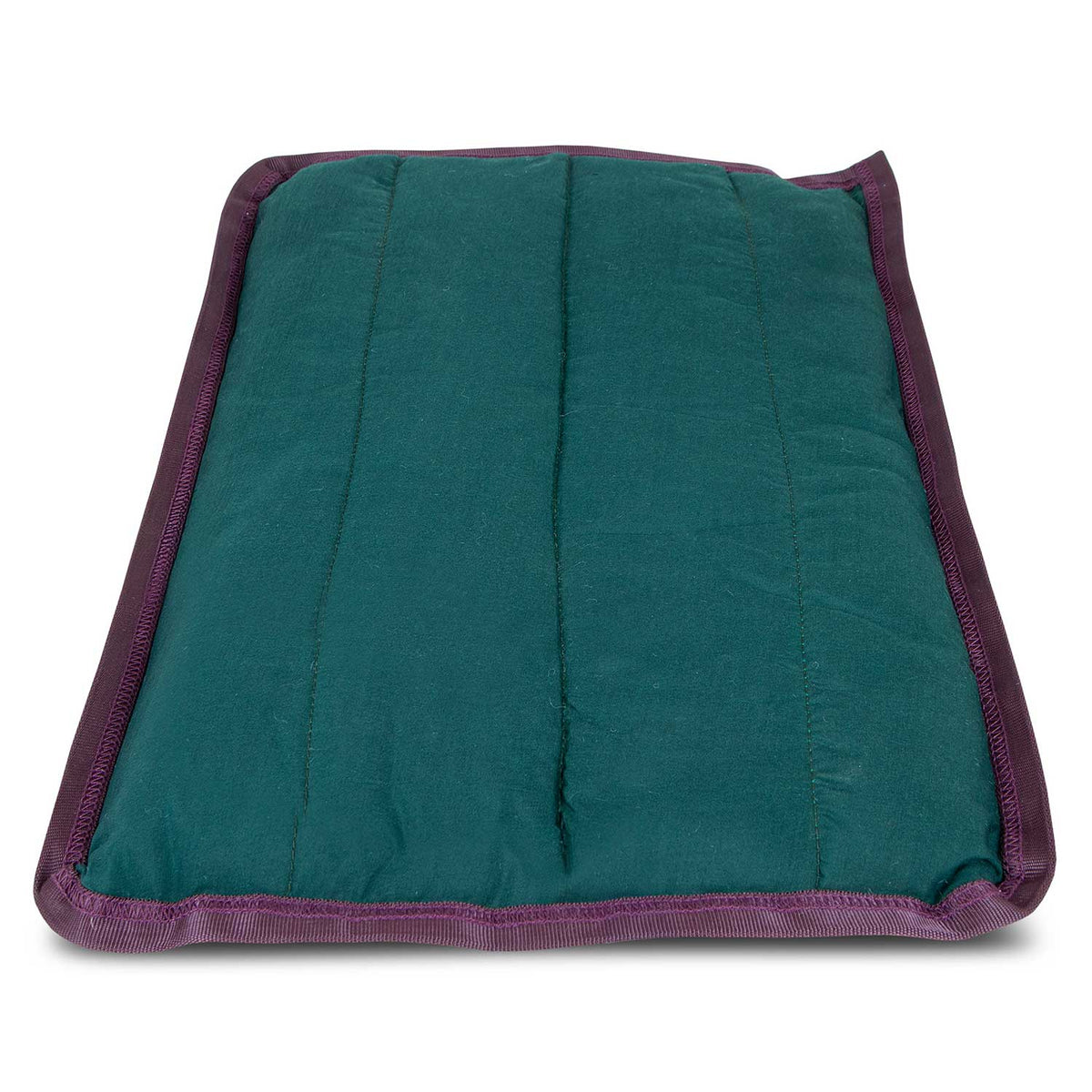 Dark green washable dog pillow with purple trim, folded for storage
