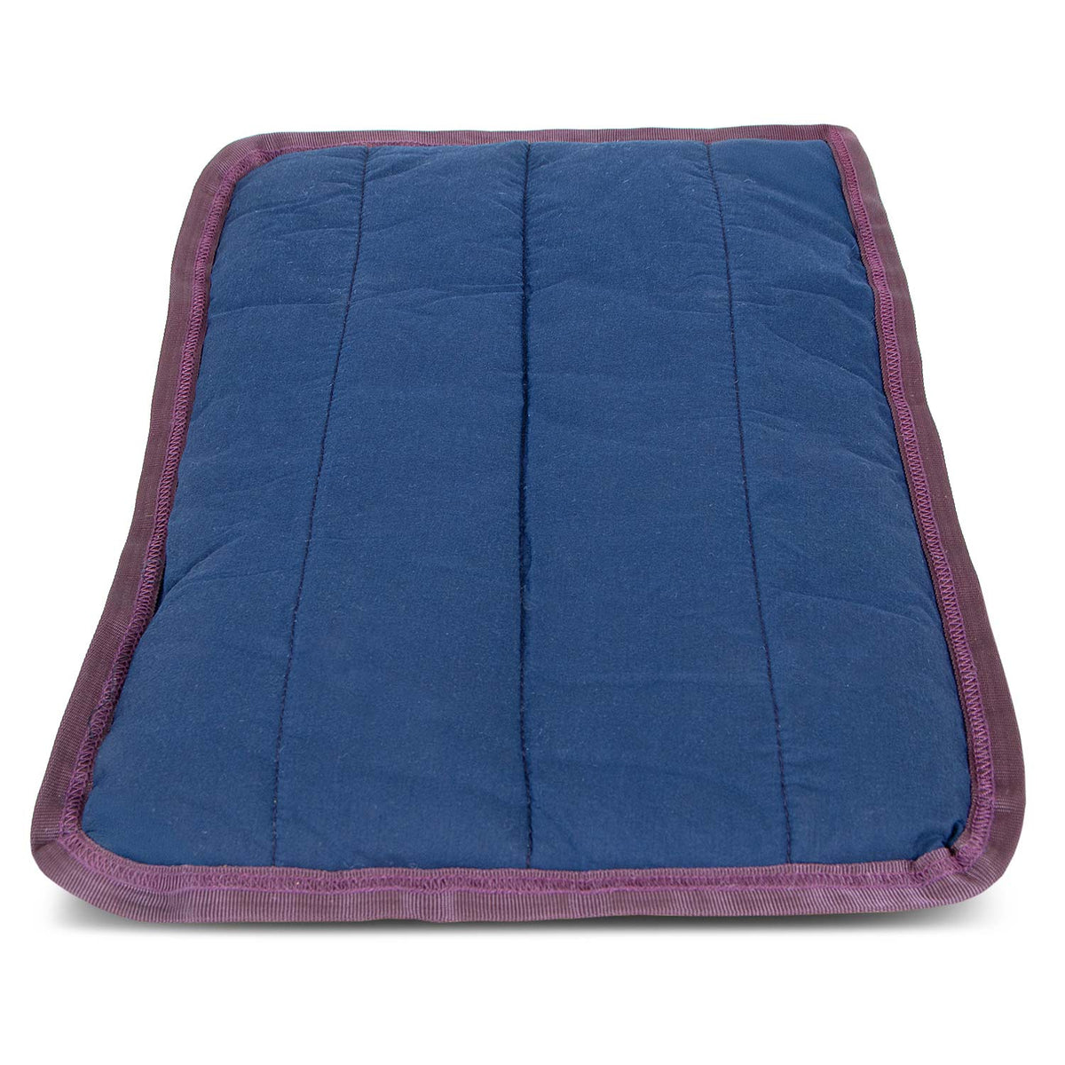 Washable dog crate pillow, navy blue with purple border and quilted channel stitching