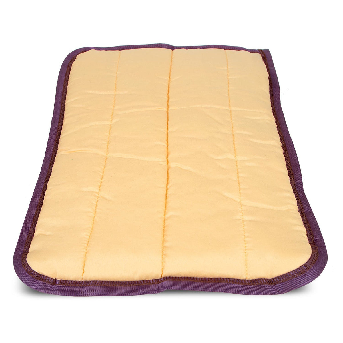 Washable dog crate pillow, tan cushioned top with purple border and quilted stitching