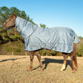 Light blue horse turnout blanket with detachable neck, full coverage on a standing horse