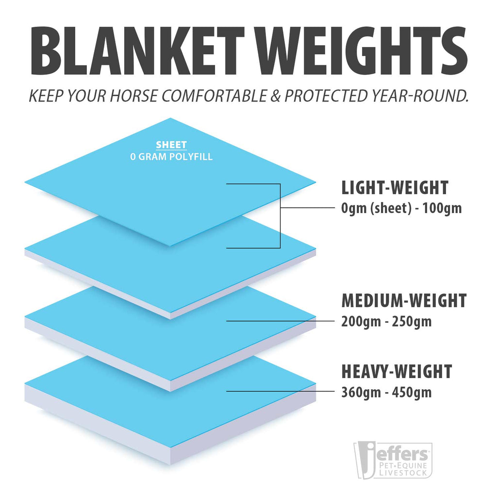 Horse turnout blanket weight chart showing light, medium, and heavy layers