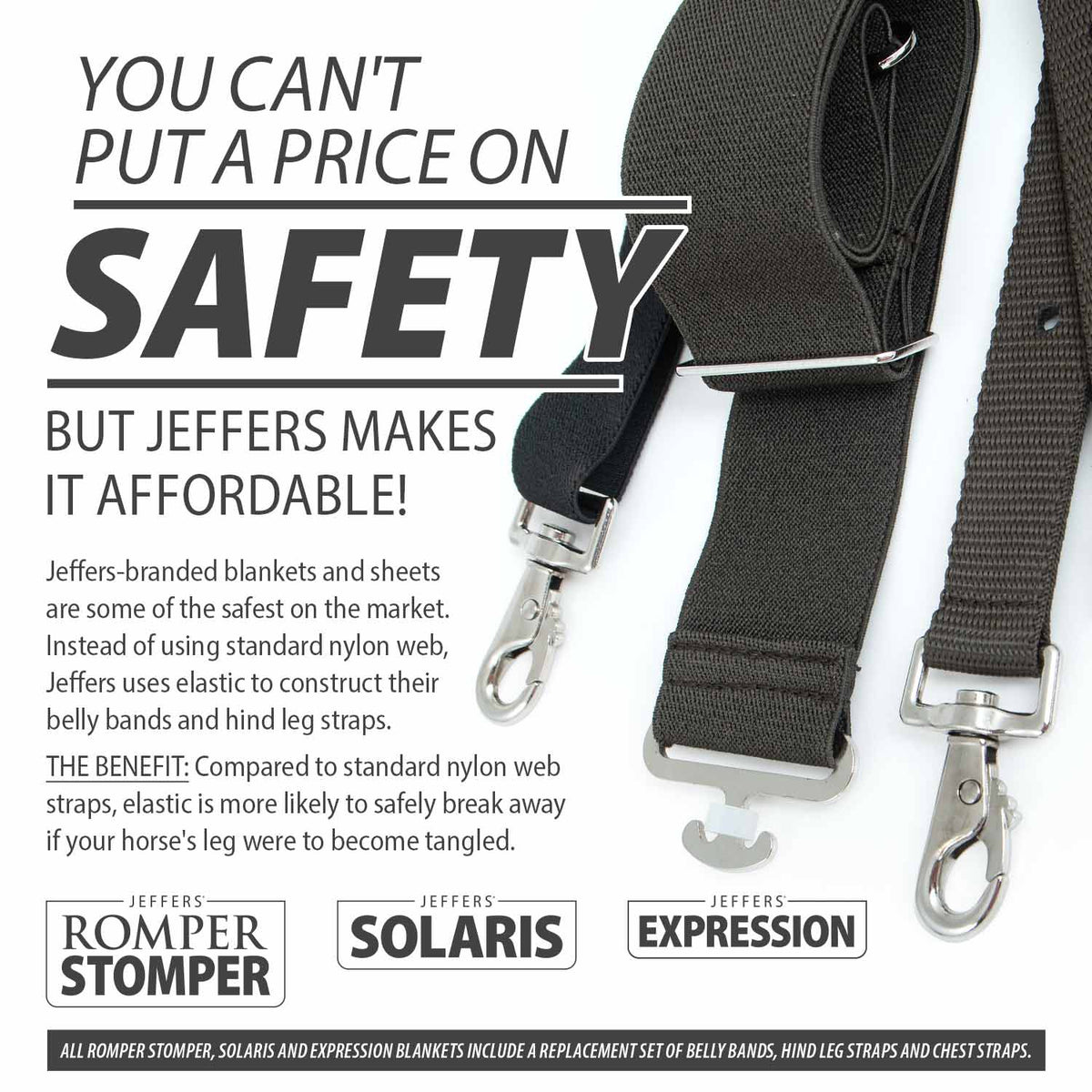 Turnout blanket straps safety infographic with gray webbing and metal buckles