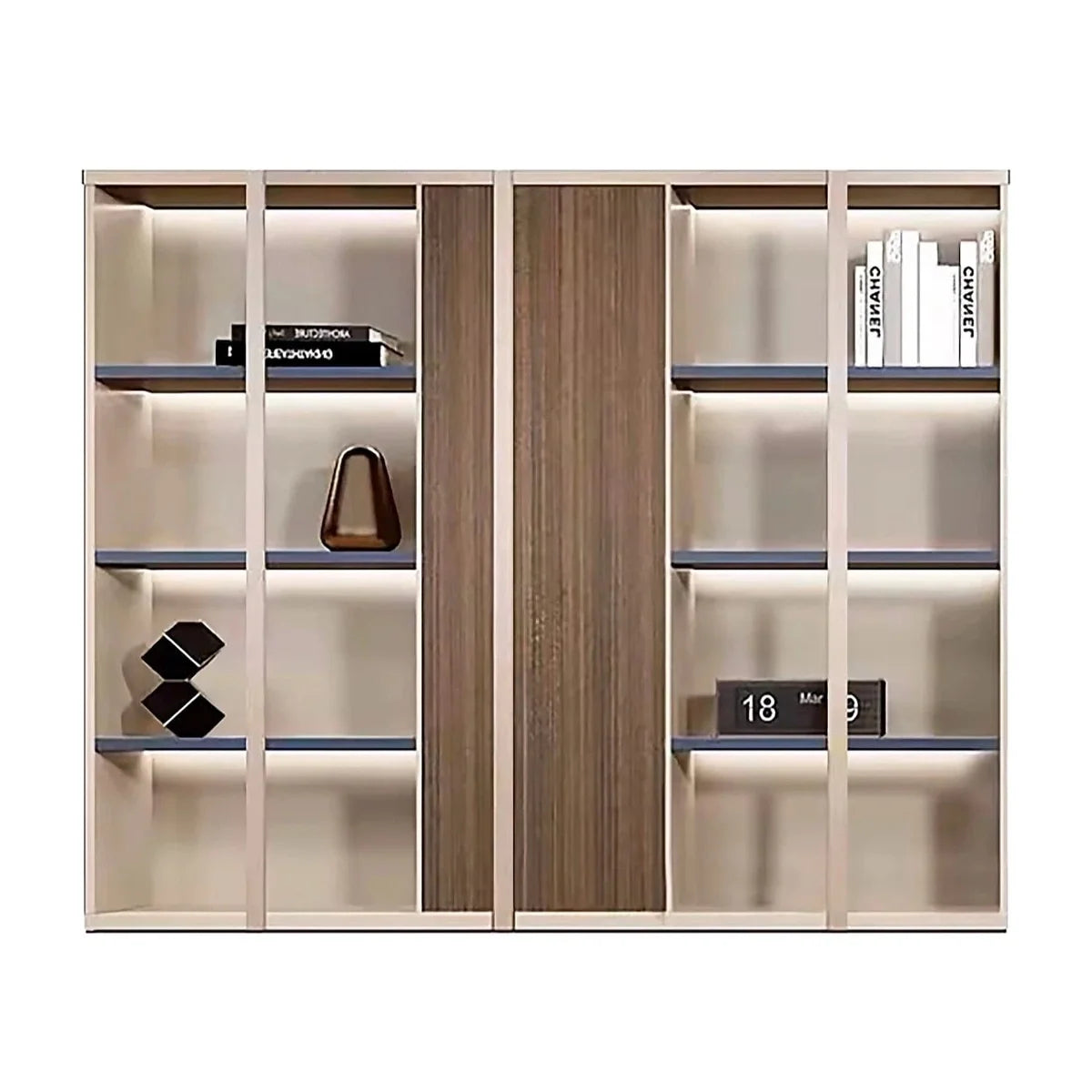 Beige and oak brown shelving unit with LED-lit shelves and central wood column