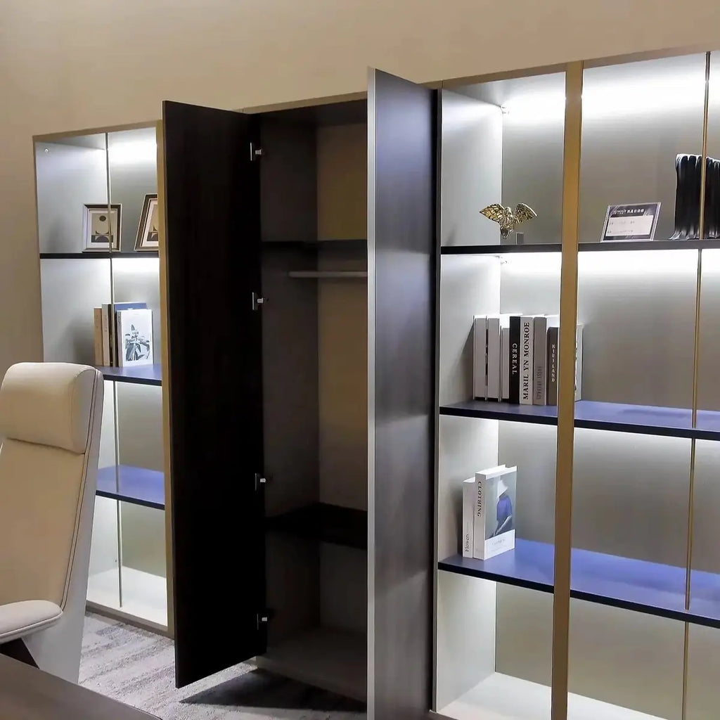 Beige shelving unit with LED-lit compartments and open side door storage