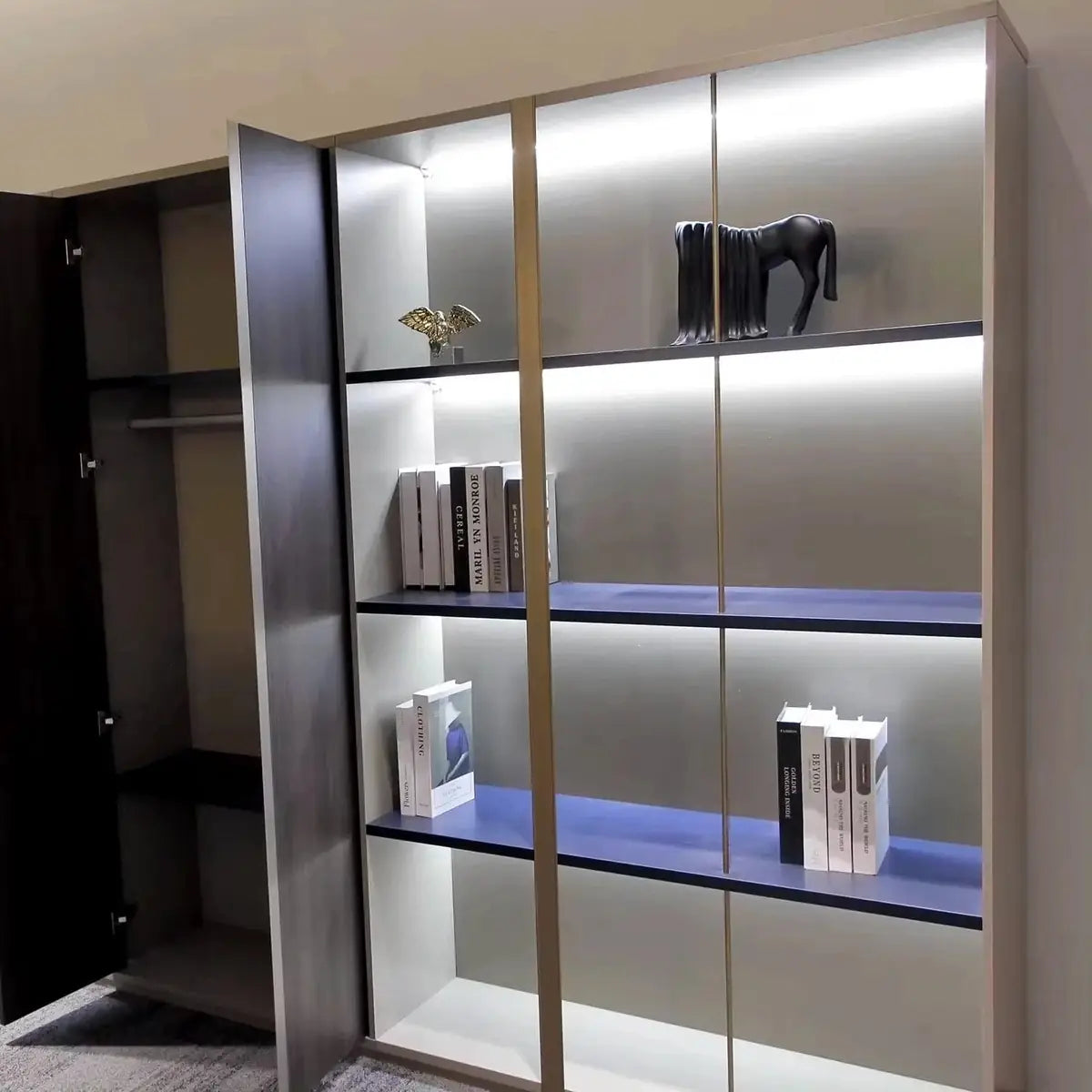 Beige and oak brown shelving unit with LED-lit shelves and open side compartments