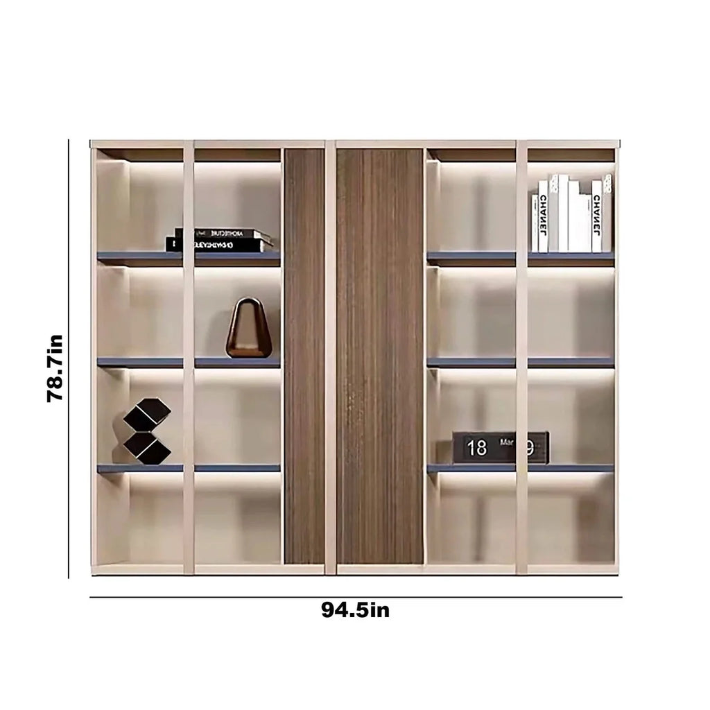Beige office shelving unit with oak brown closet center and open cubbies, slim shelves