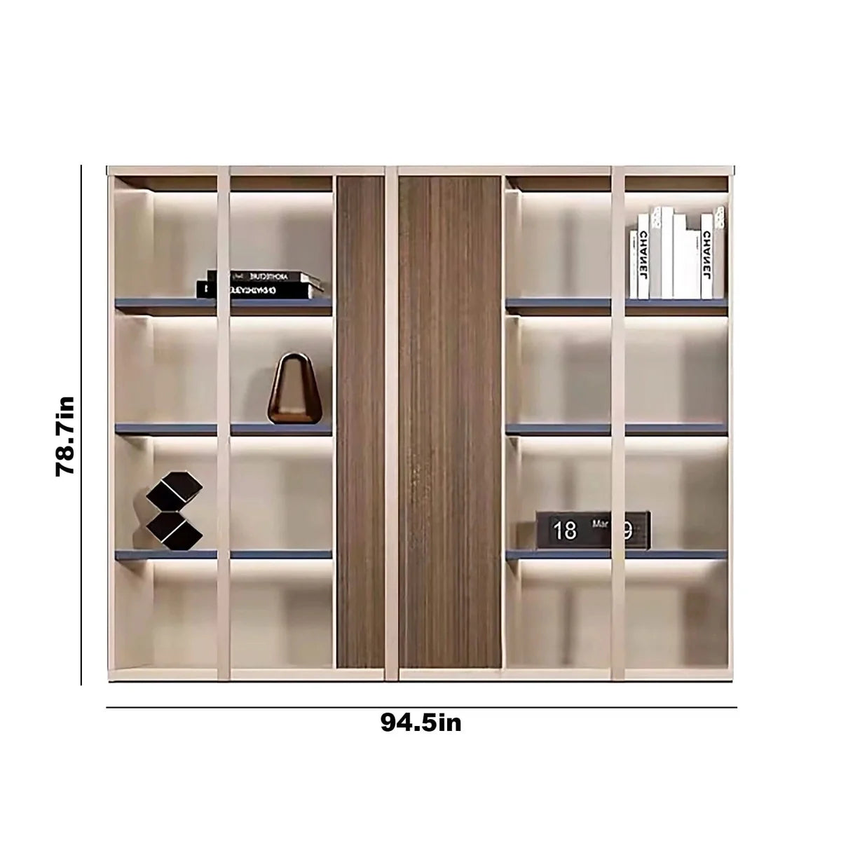 Beige office shelving unit with oak brown closet center and open cubbies, slim shelves