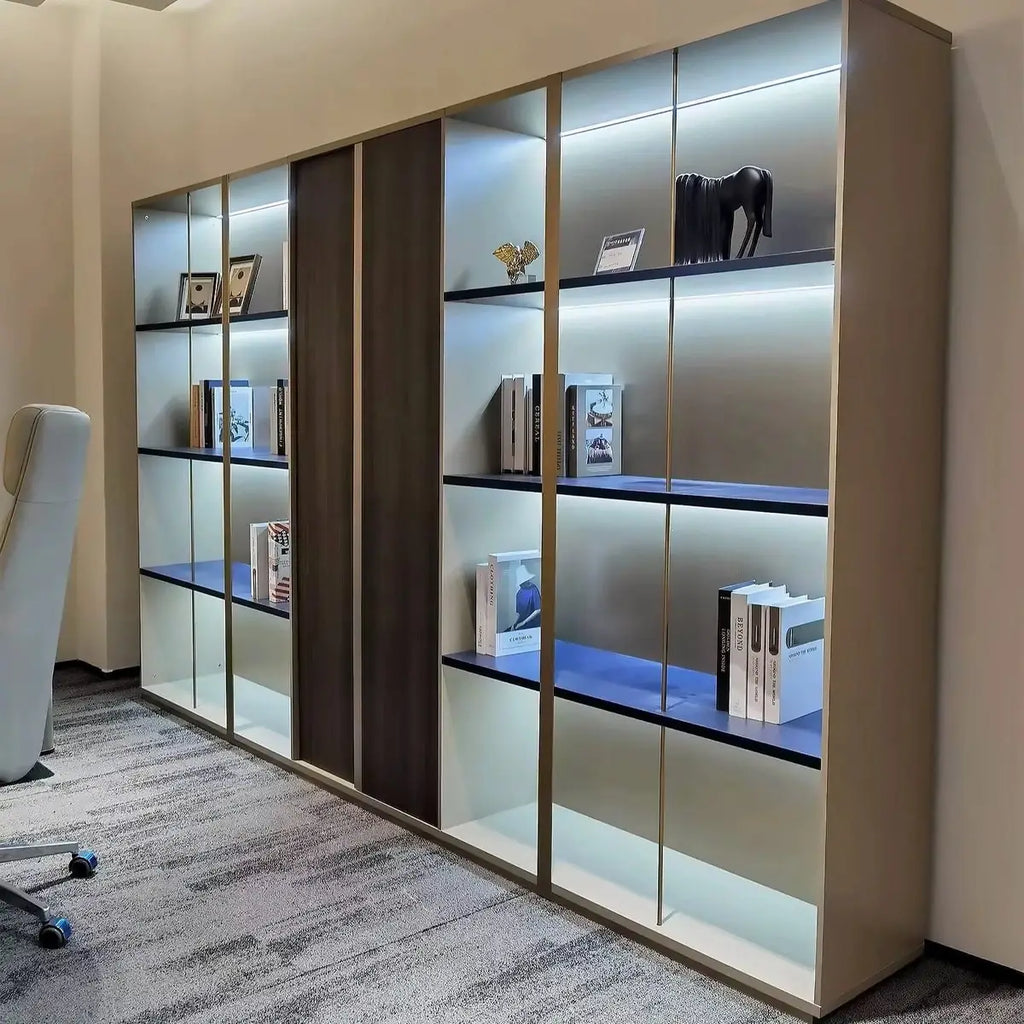 Beige and oak brown shelving unit with LED strips, vertical frames, and open shelves