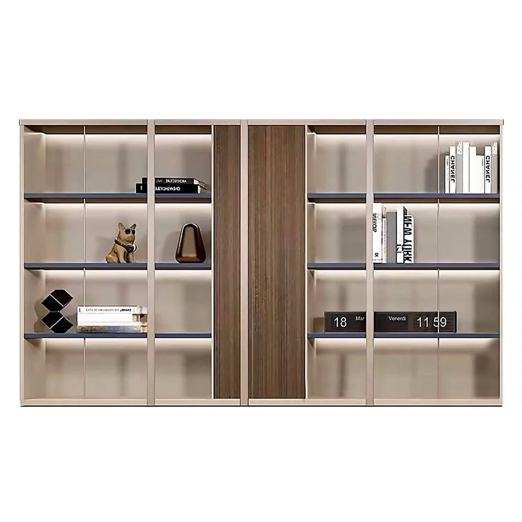 Beige and oak brown shelving unit with LED-lit shelves and side book display areas