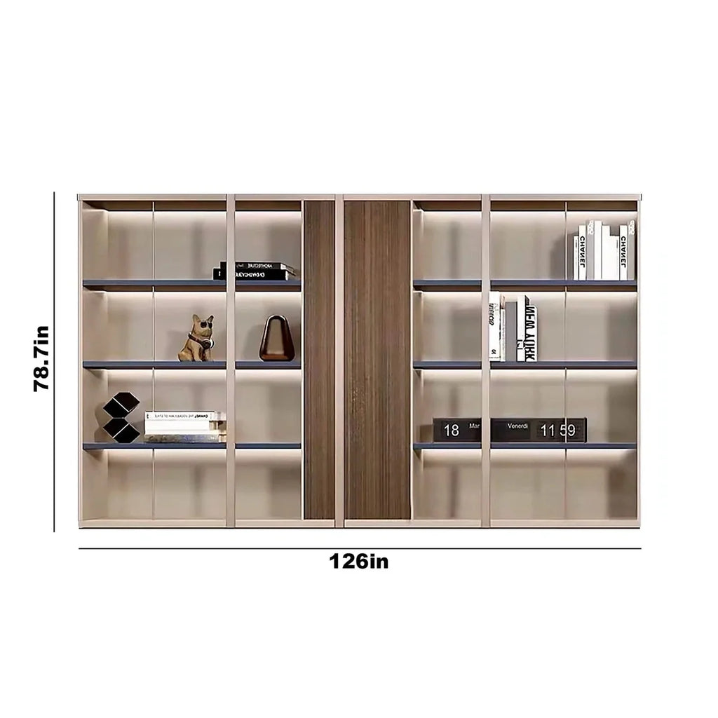 Beige and oak brown shelving unit with LED shelves, 126in wide and 78.1in tall