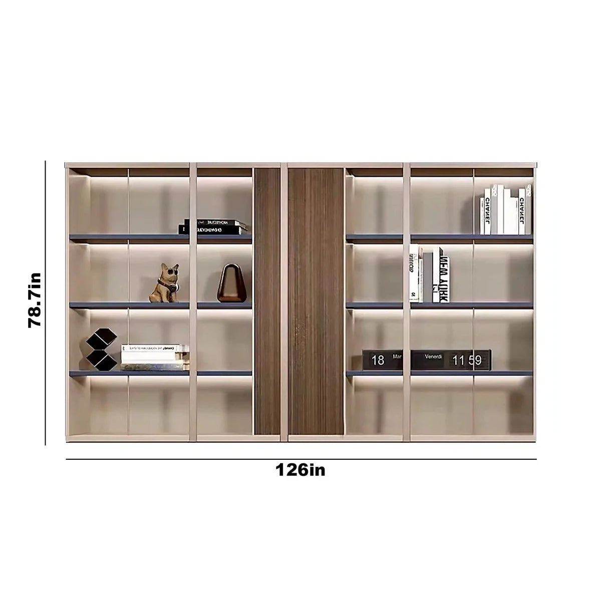 Beige and oak brown shelving unit with LED shelves, 126in wide and 78.1in tall