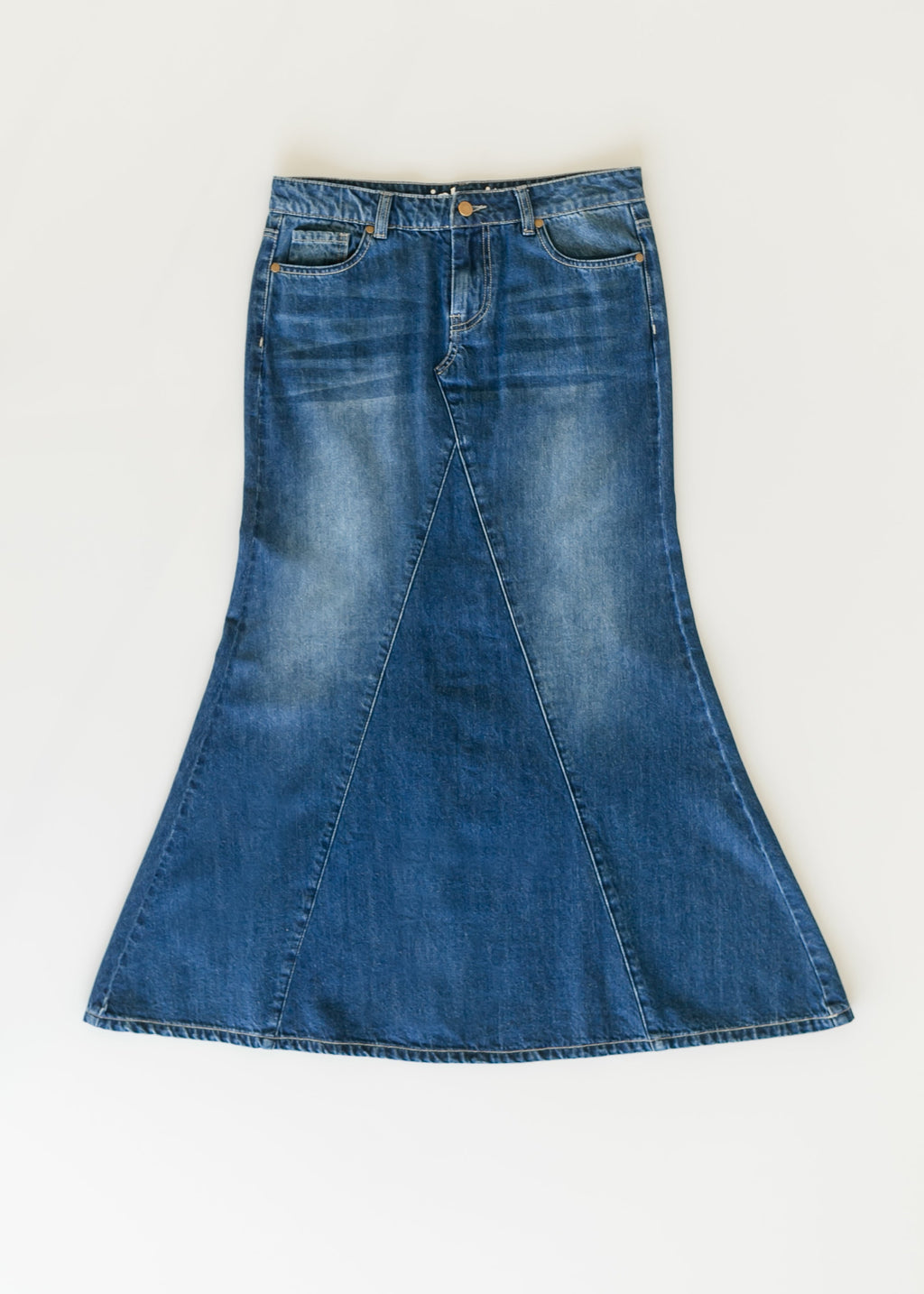 Blue denim A-line long skirt with yoke seams and flared hem
