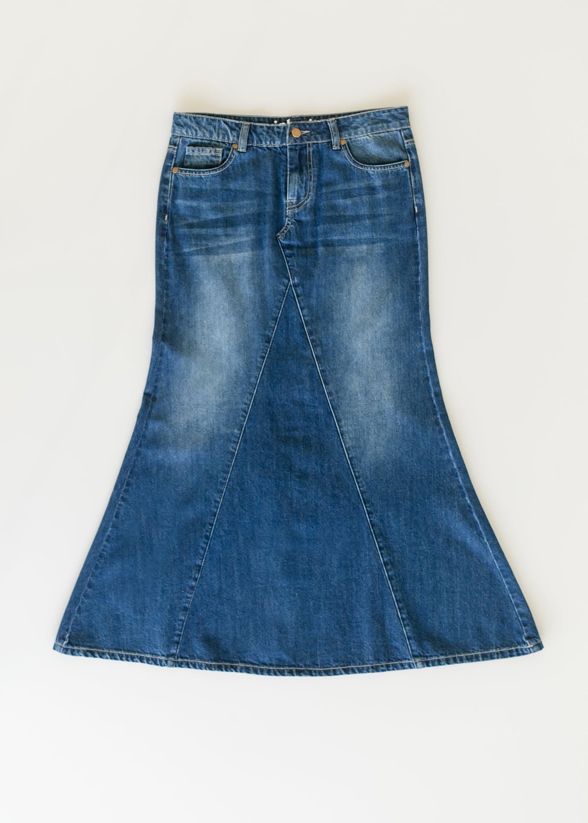 Blue denim A-line long skirt with yoke seams and flared hem