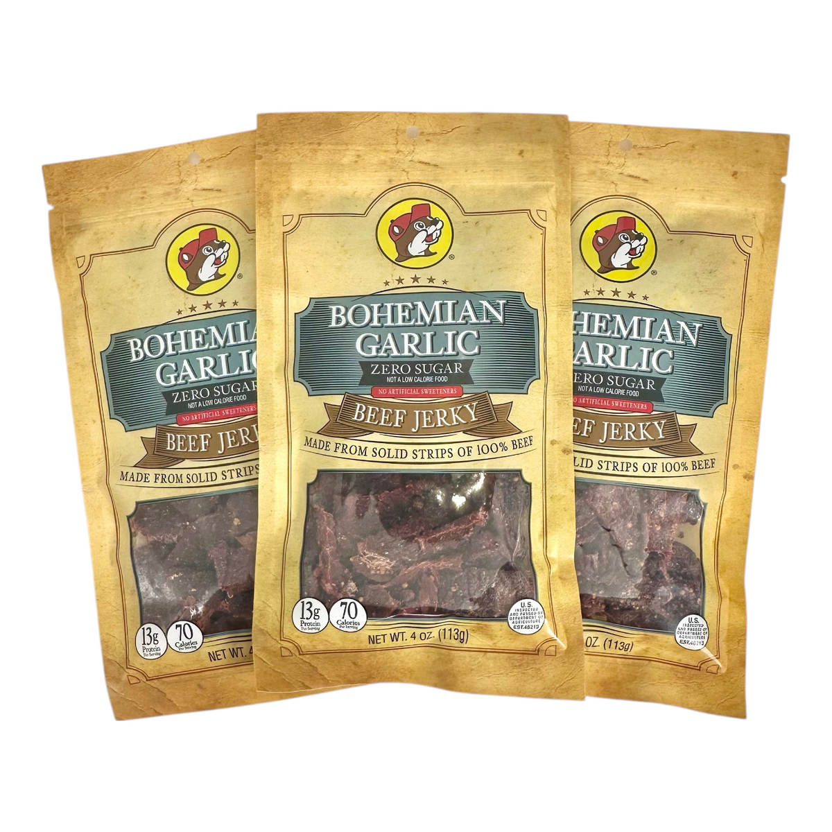 3-pack beef jerky pouches, Bohemian Garlic Zero Sugar front labels