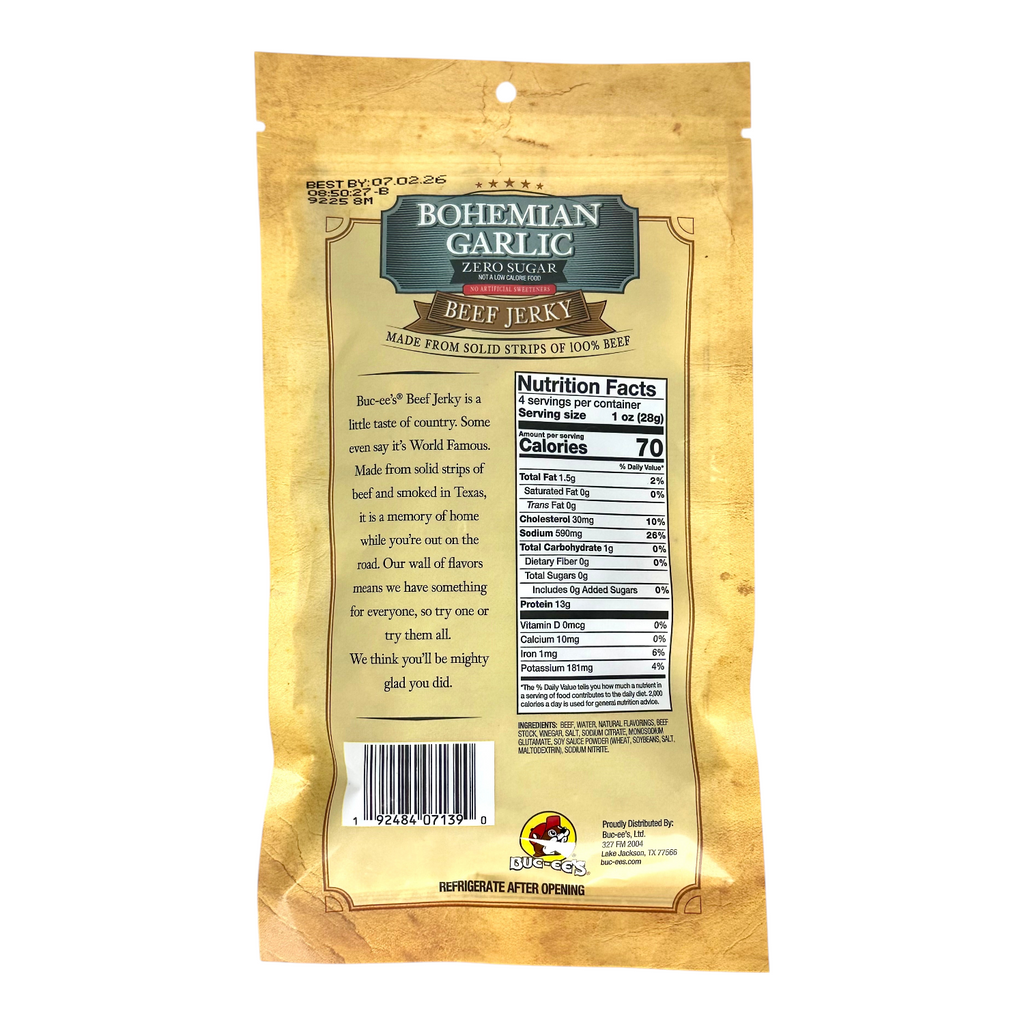 Beef jerky pouch, back view with nutrition facts panel and barcode
