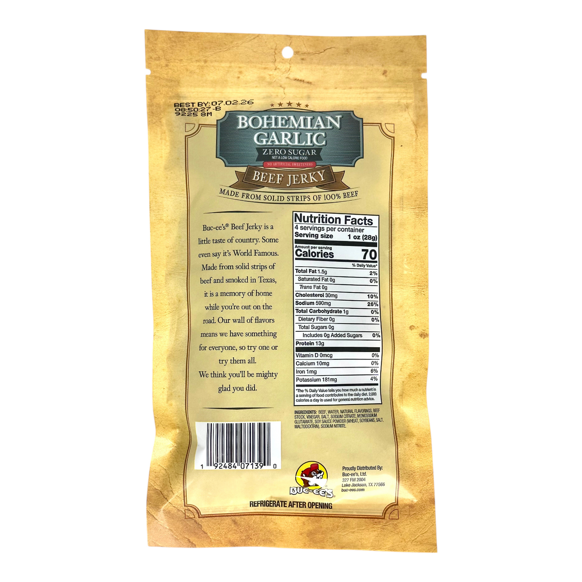 Beef jerky pouch, back view with nutrition facts panel and barcode