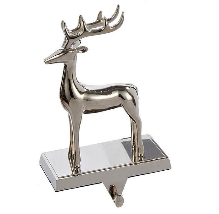 Silver metal reindeer stocking hanger, polished finish, star base with hanging hook