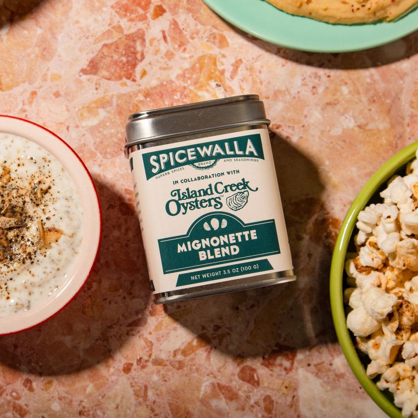 SpiceWalla mignonette blend spice tin with teal label and metal lid