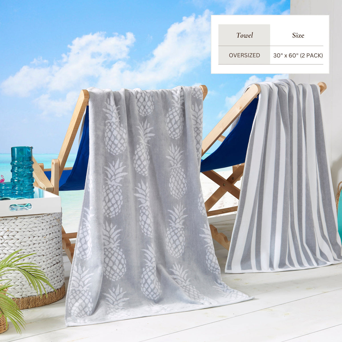 Gray cotton velour towels on chairs, one patterned and one with stripes