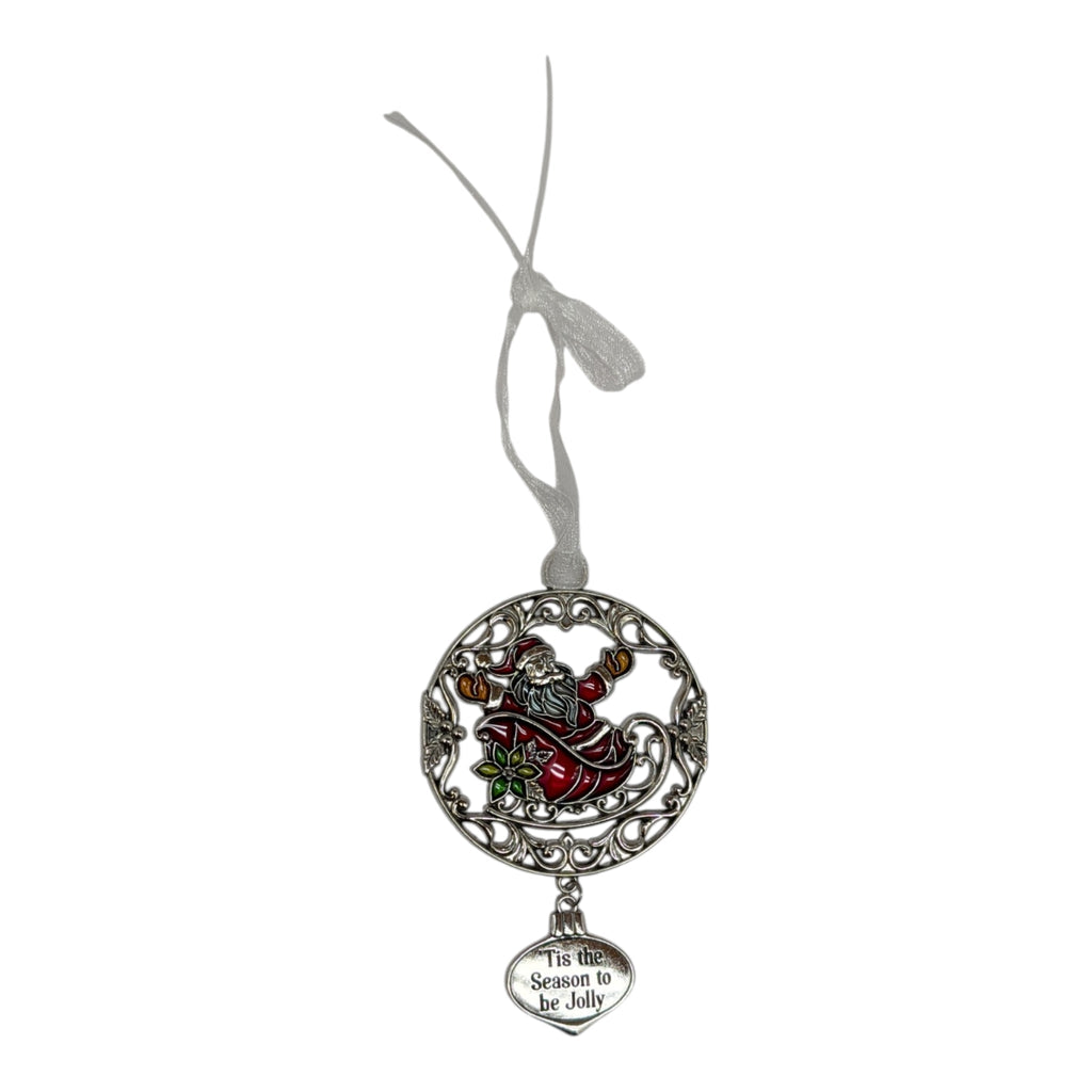 Santa jolly Christmas ornament hanging from silver ribbon, silver filigree with heart charm