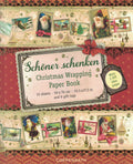Christmas wrapping paper book cover with holiday stamps, gifts, and bow, plus tags