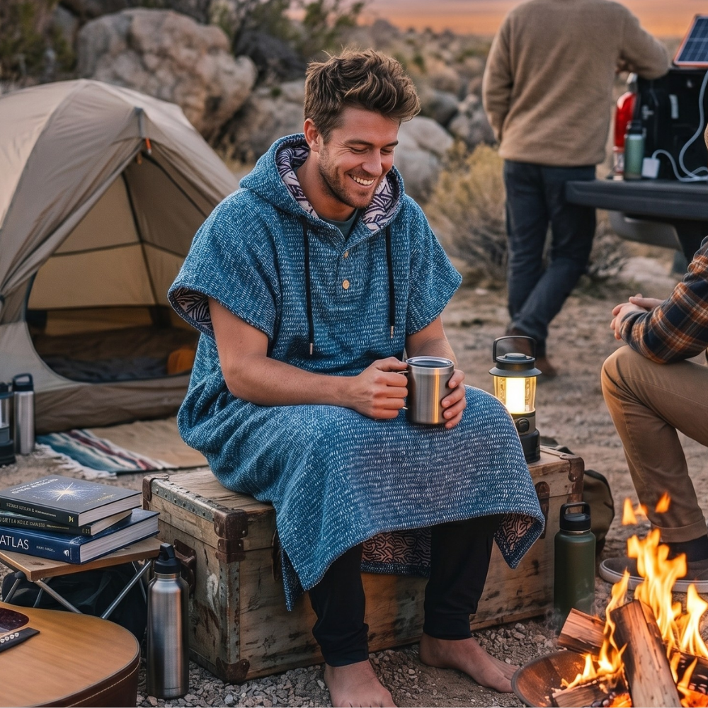 Blue hooded blanket hoodie with front pocket and short sleeves by the campfire