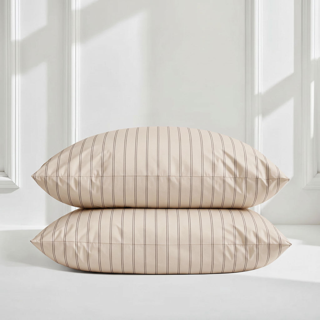 Beige sateen pillowcases with thin gray vertical stripes and envelope closure