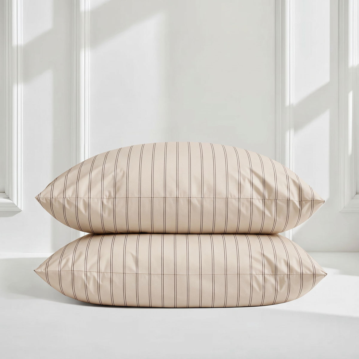 Beige sateen pillowcases with thin gray vertical stripes and envelope closure