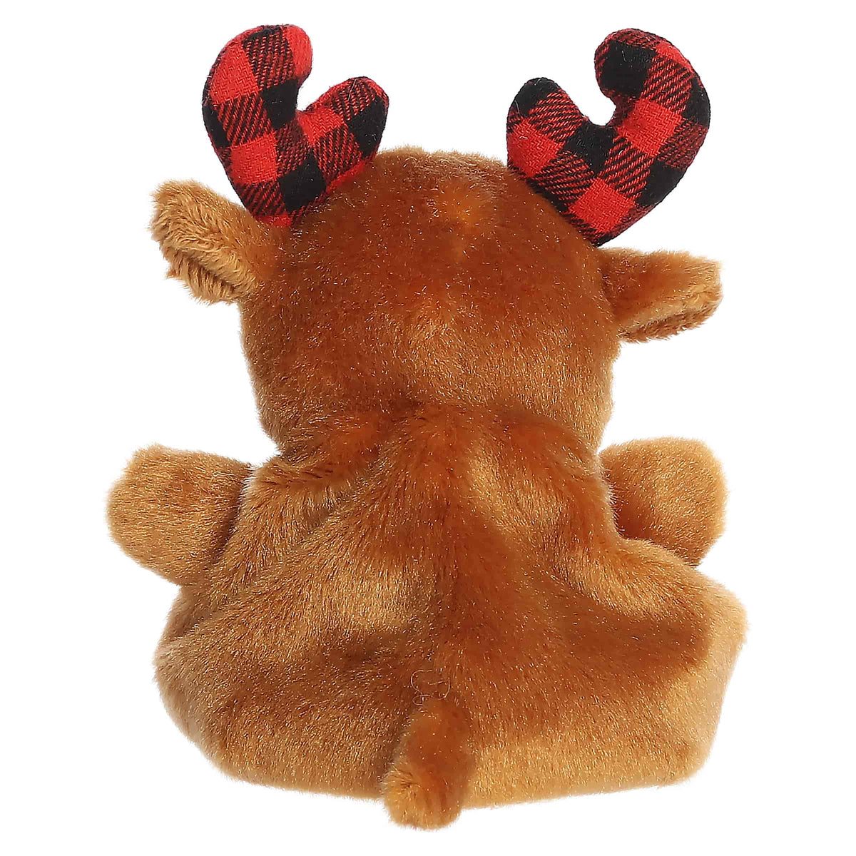 Plush moose stuffed animal with red plaid antlers, back view, tan fur