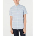 Men's yarn-dye sheeting shirt, light blue short-sleeve button-front with chest yoke