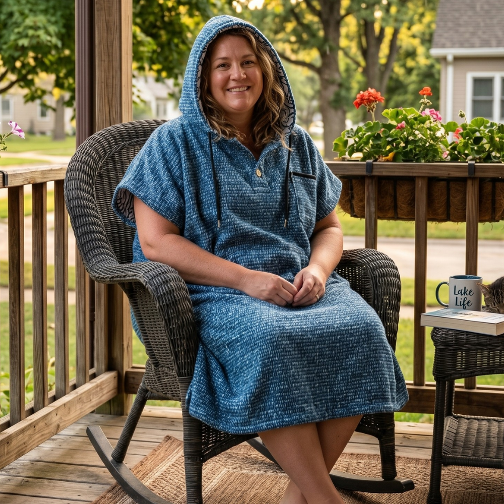 Blue hooded blanket robe with short sleeves and buttoned front, relaxed seated