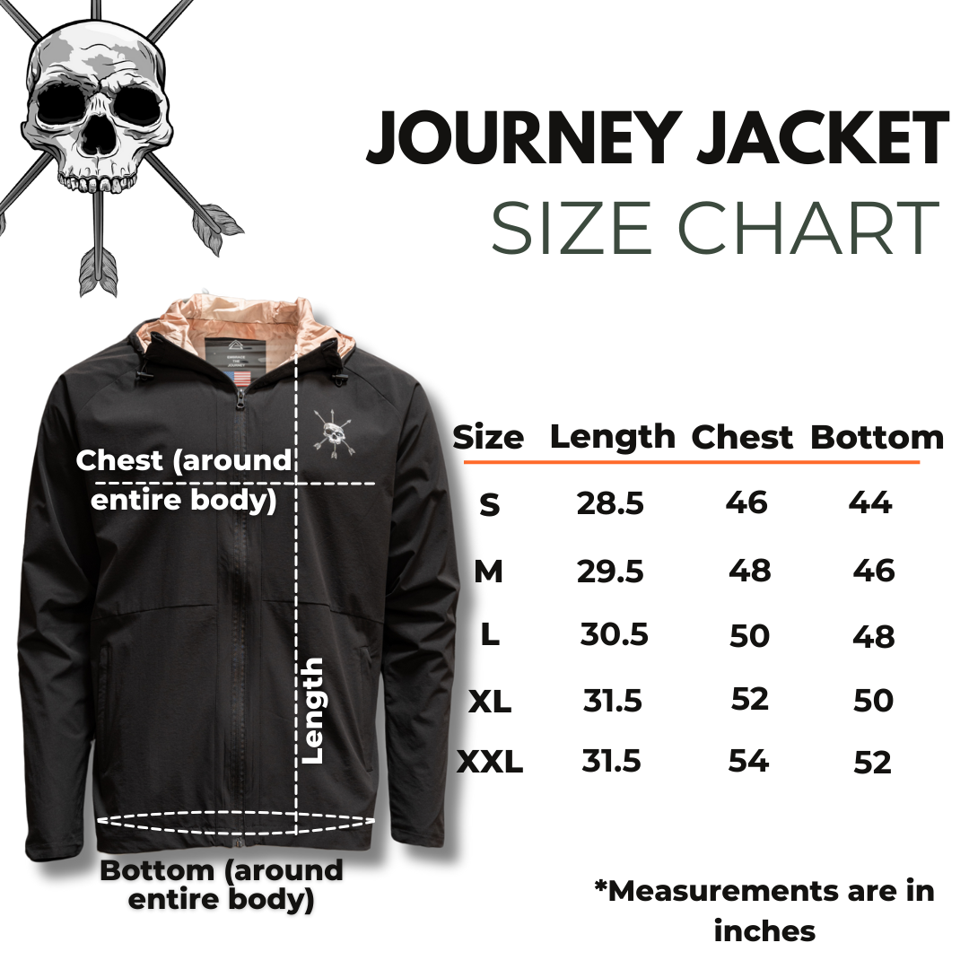 Black hooded full-zip jacket with skull emblem; size chart graphic
