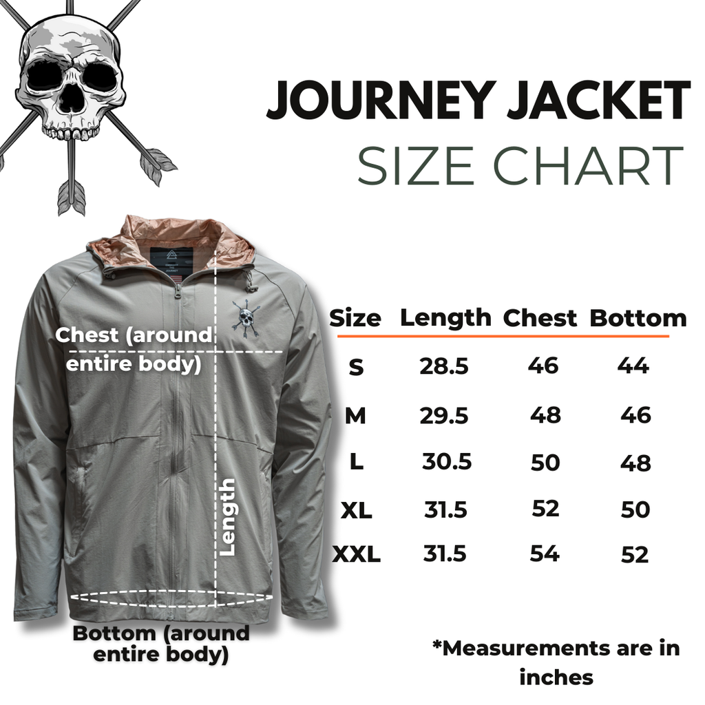 Gray Journey jacket front with hood, full-zip, and chest logo