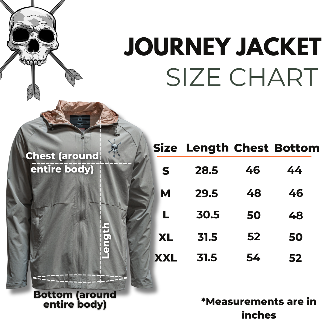 Gray Journey jacket front with hood, full-zip, and chest logo