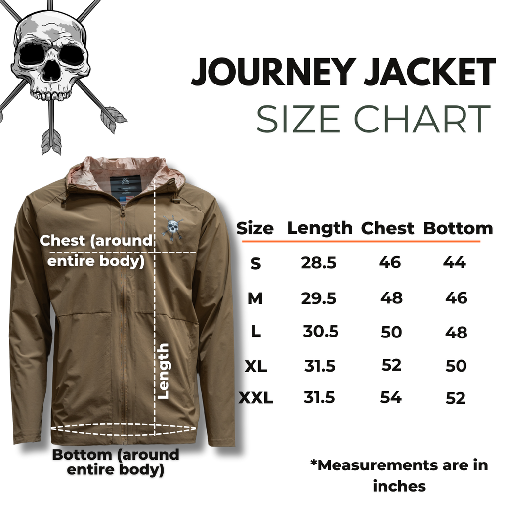 Men's journey jacket size chart showing length and chest measurements in inches