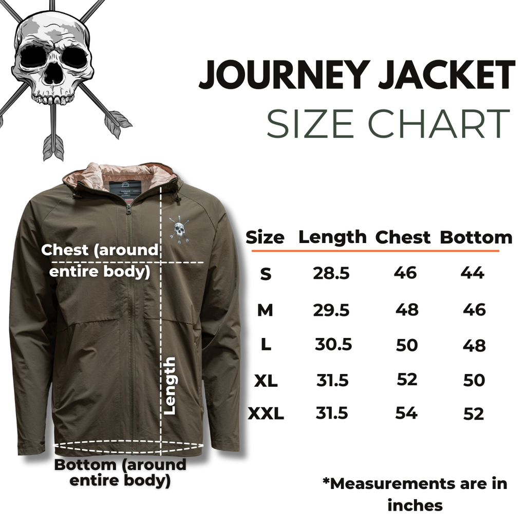 Men's Journey jacket size chart with length and chest measurements