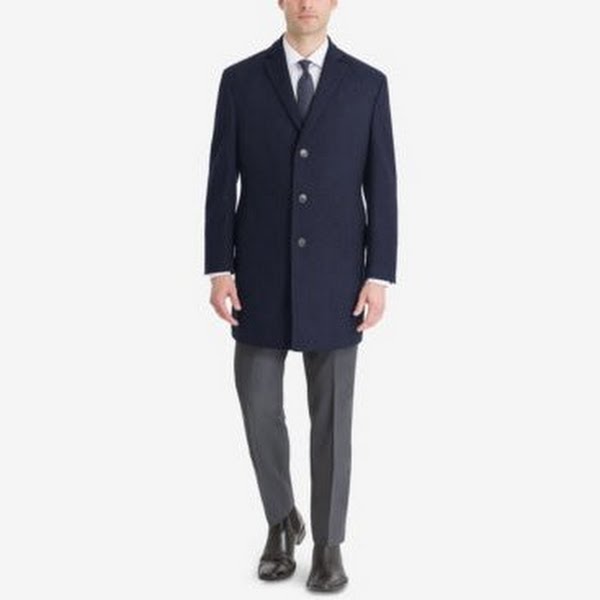 Calvin Klein men’s slim fit overcoat in dark navy, notch lapels, button front