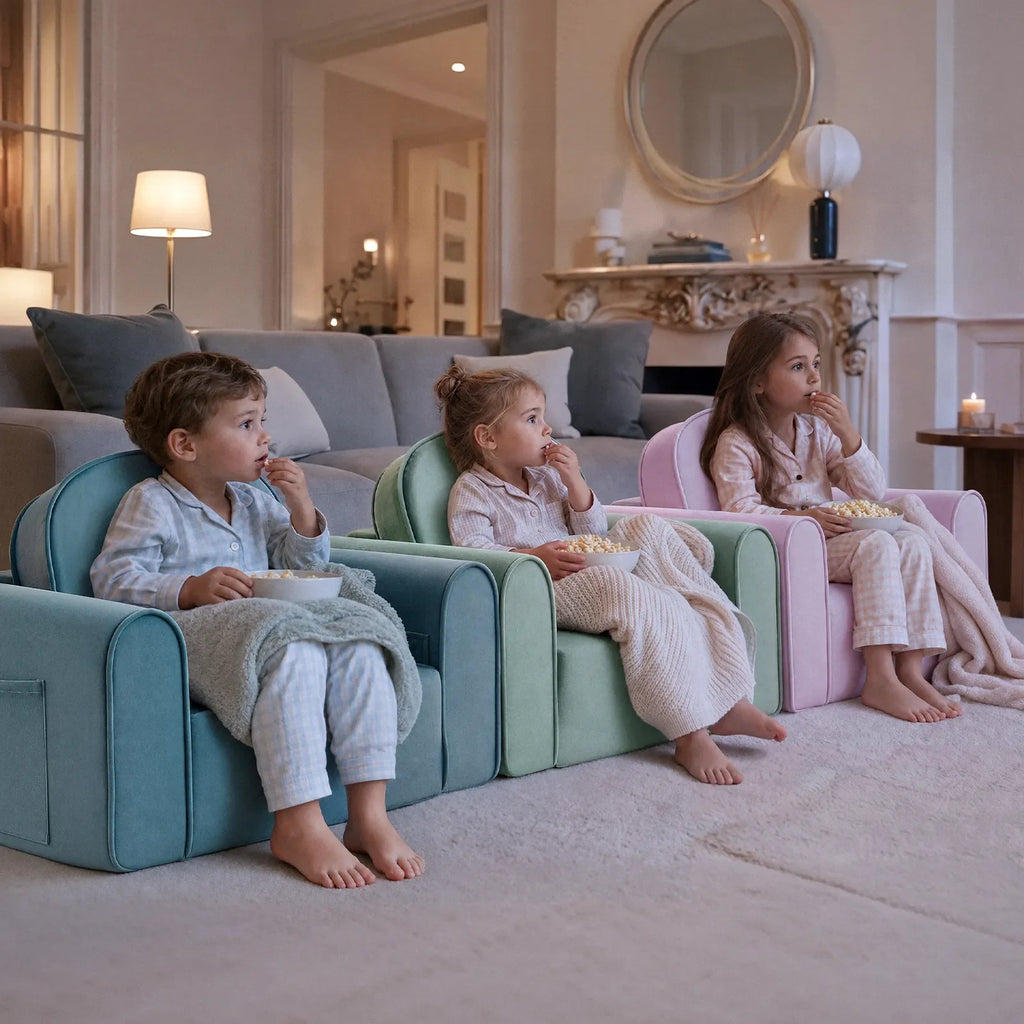 Light green kids sofa chair with rounded arms and cushioned seat for lounging