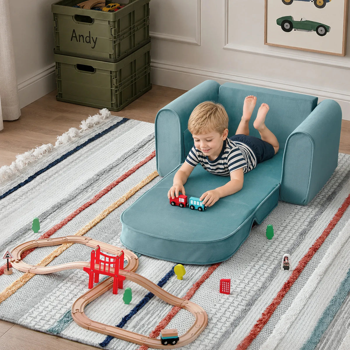 Teal kids sofa chair with extended chaise cushion for playtime