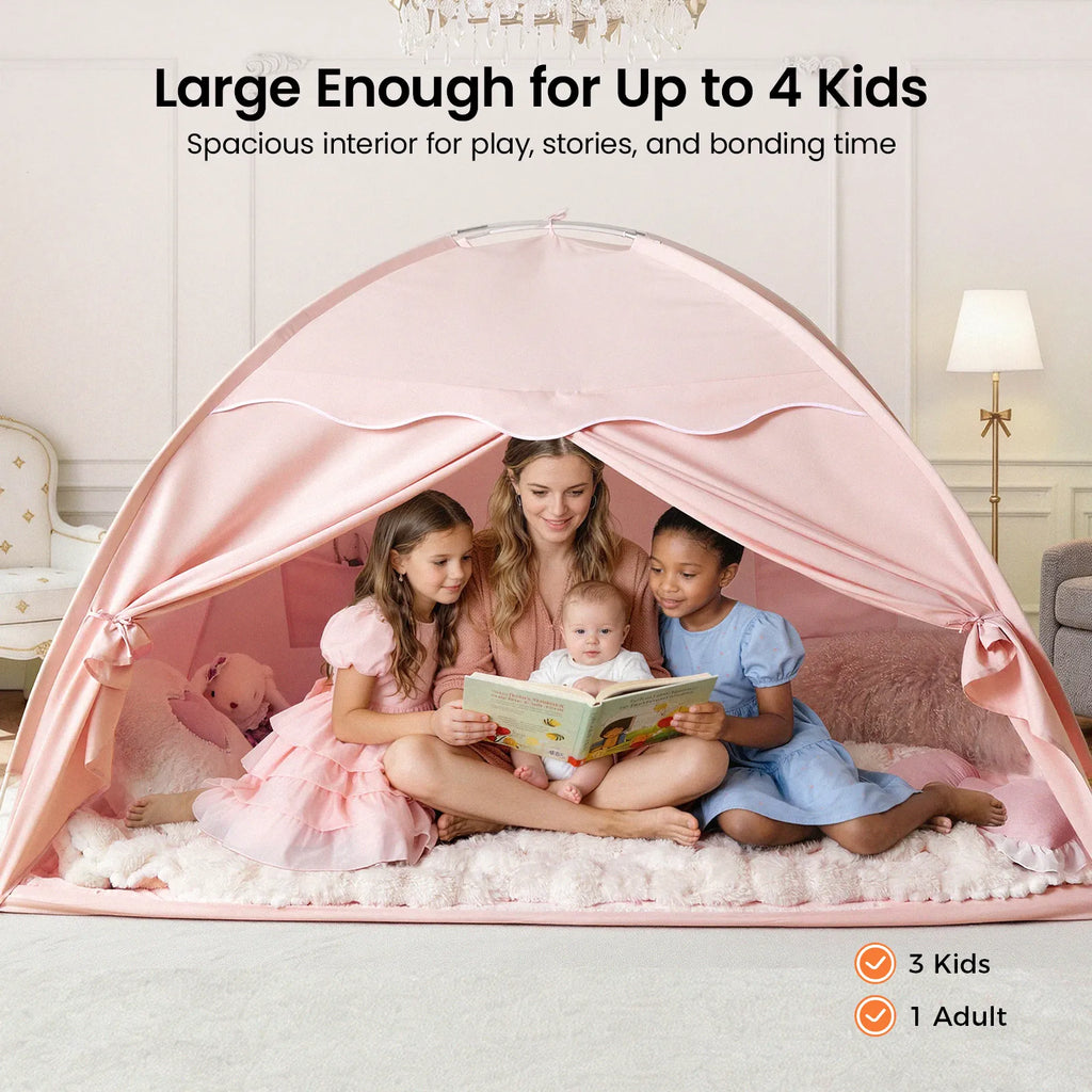 Pink kids bed tent with scalloped canopy and roomy interior for reading