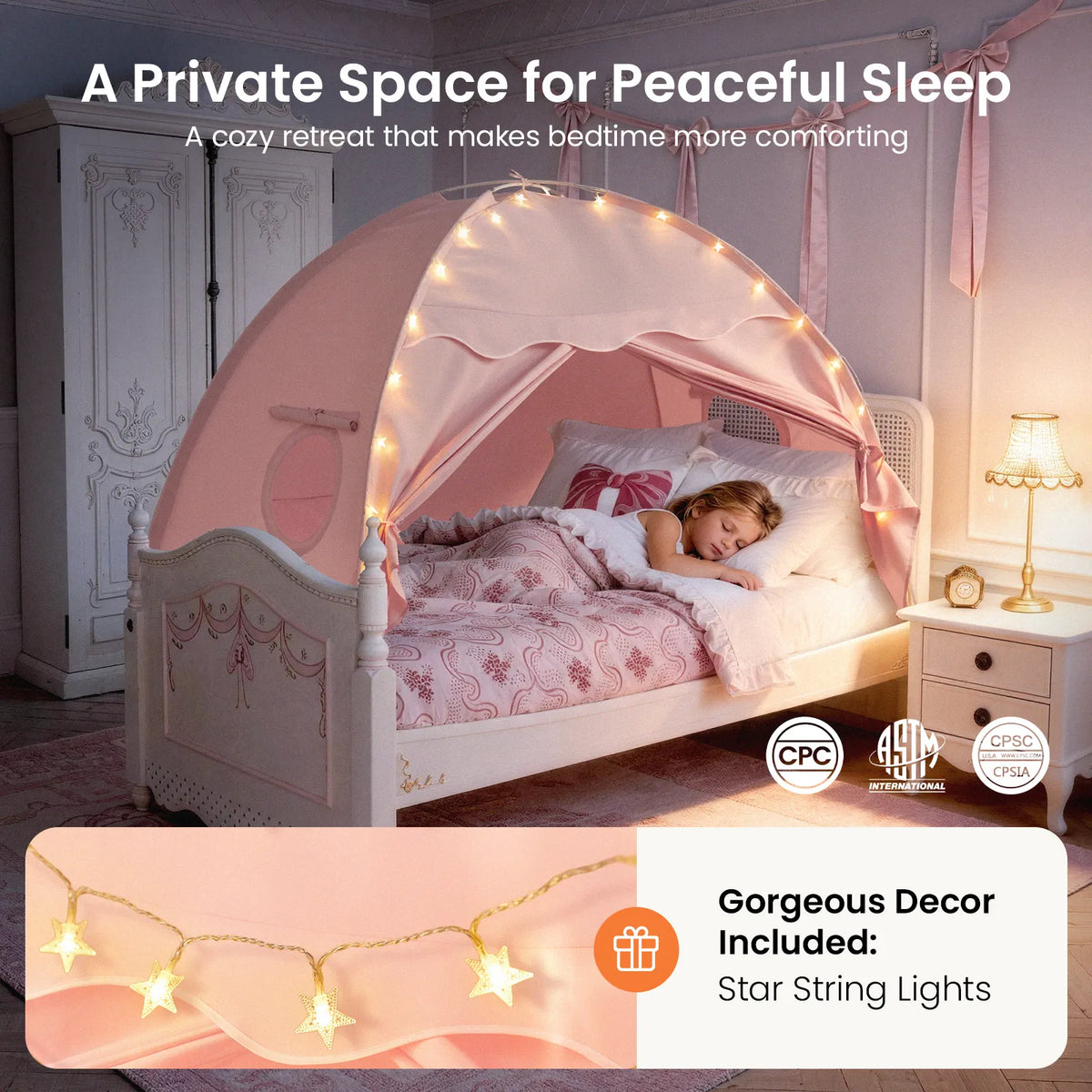 Pink kids bed tent with string lights and enclosed sleeping area