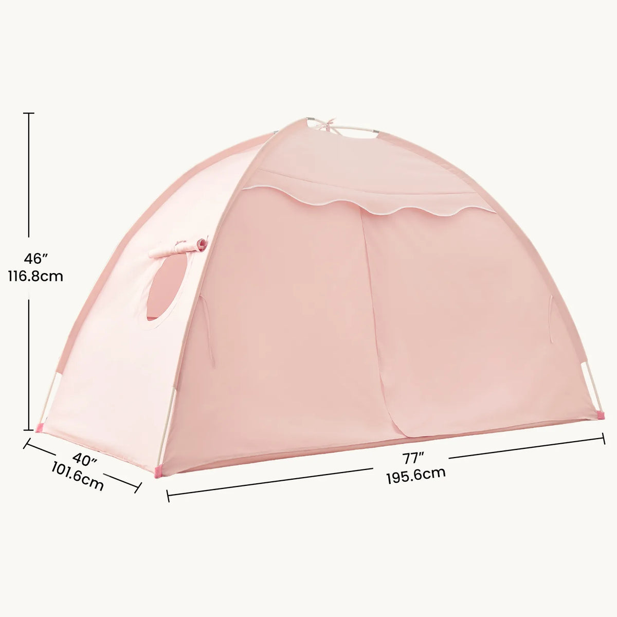 Pink kids bed tent size diagram with arched frame and side opening