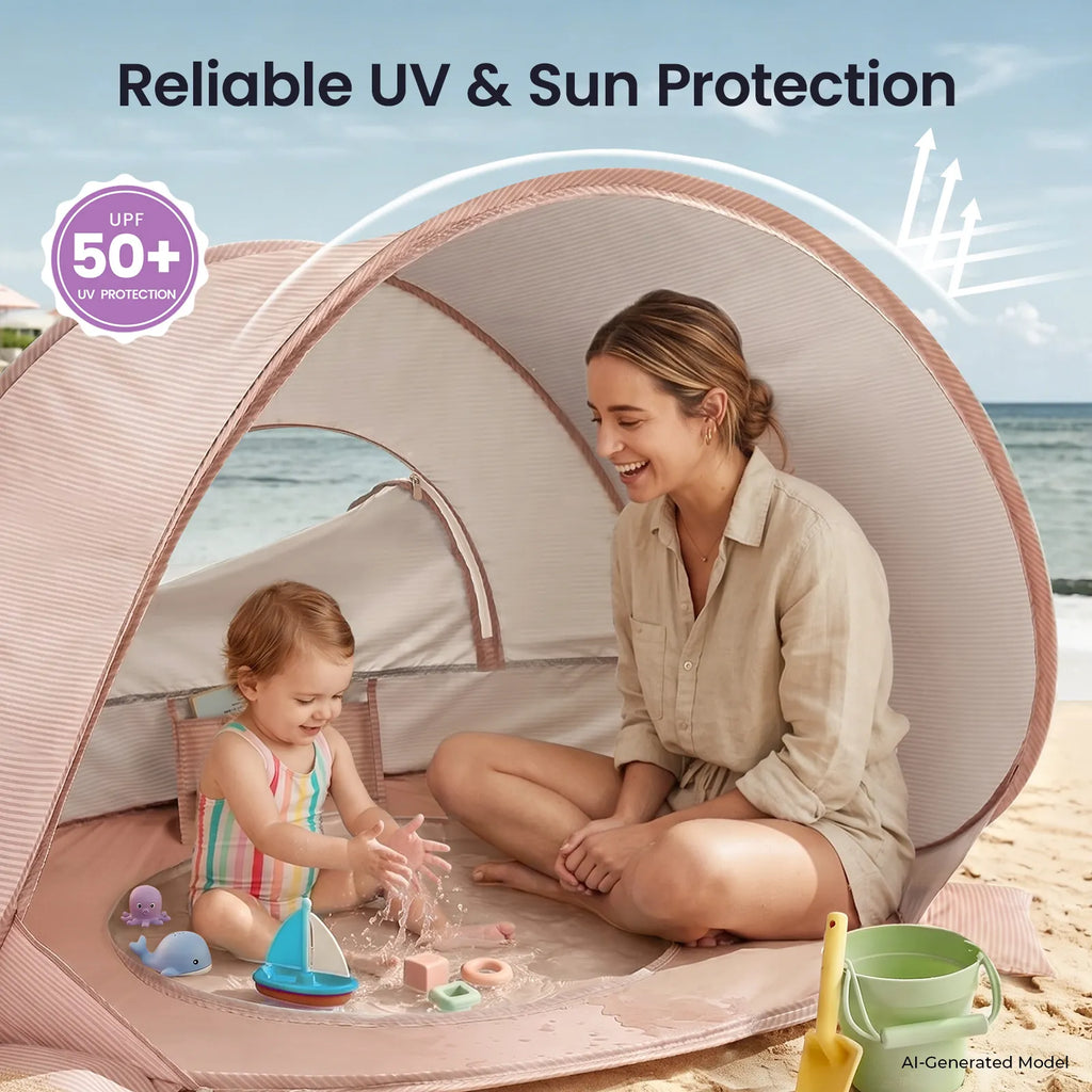 Pink 3-in-1 baby beach tent with open doorway, mother and child seated inside