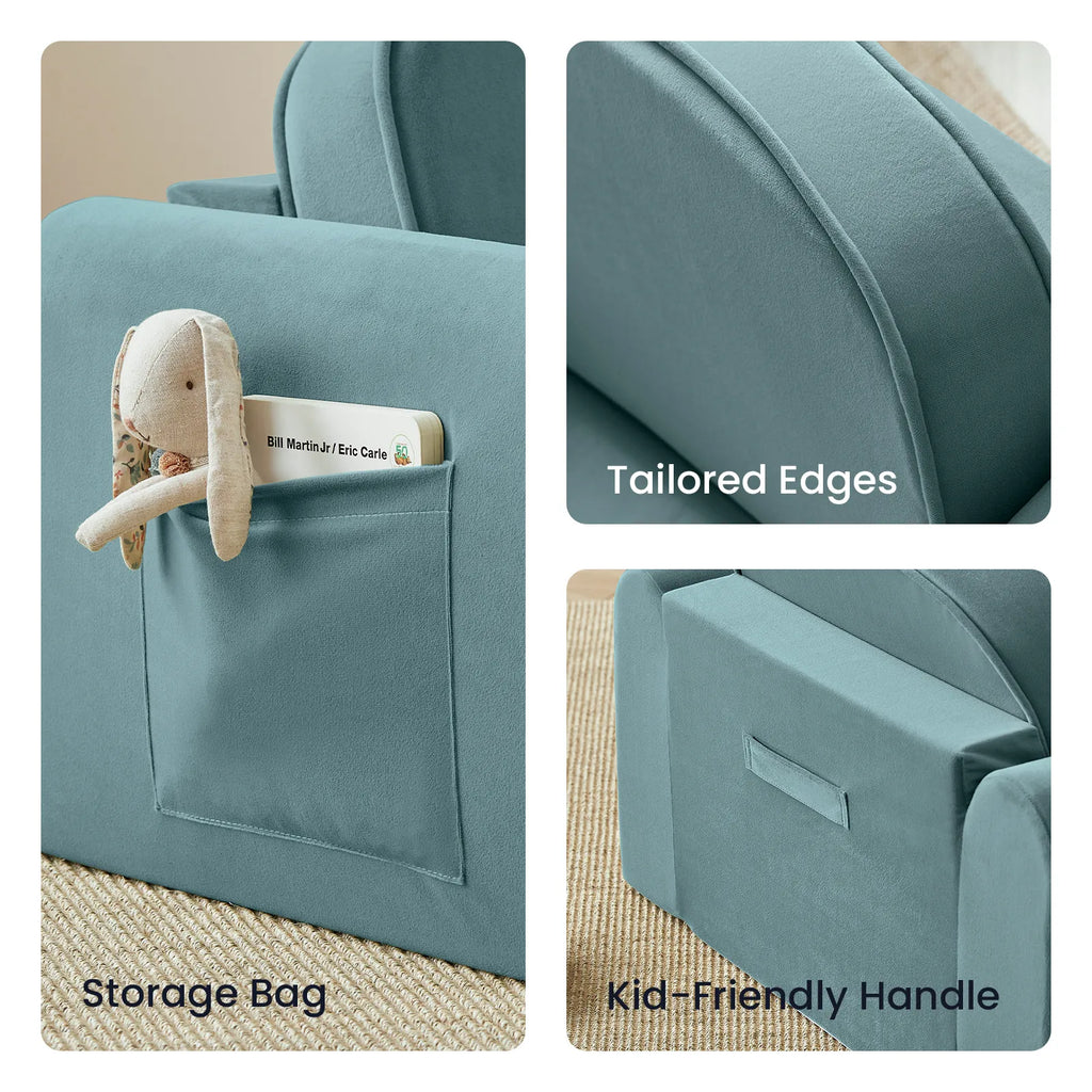 Teal kids sofa chair details: storage bag opening, tailored edges, padded handle