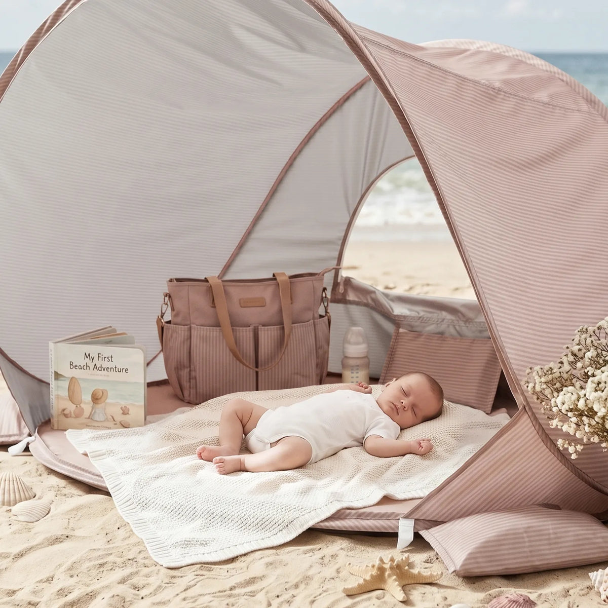 Pink 3-in-1 baby beach tent with open entry and baby lying on bedding