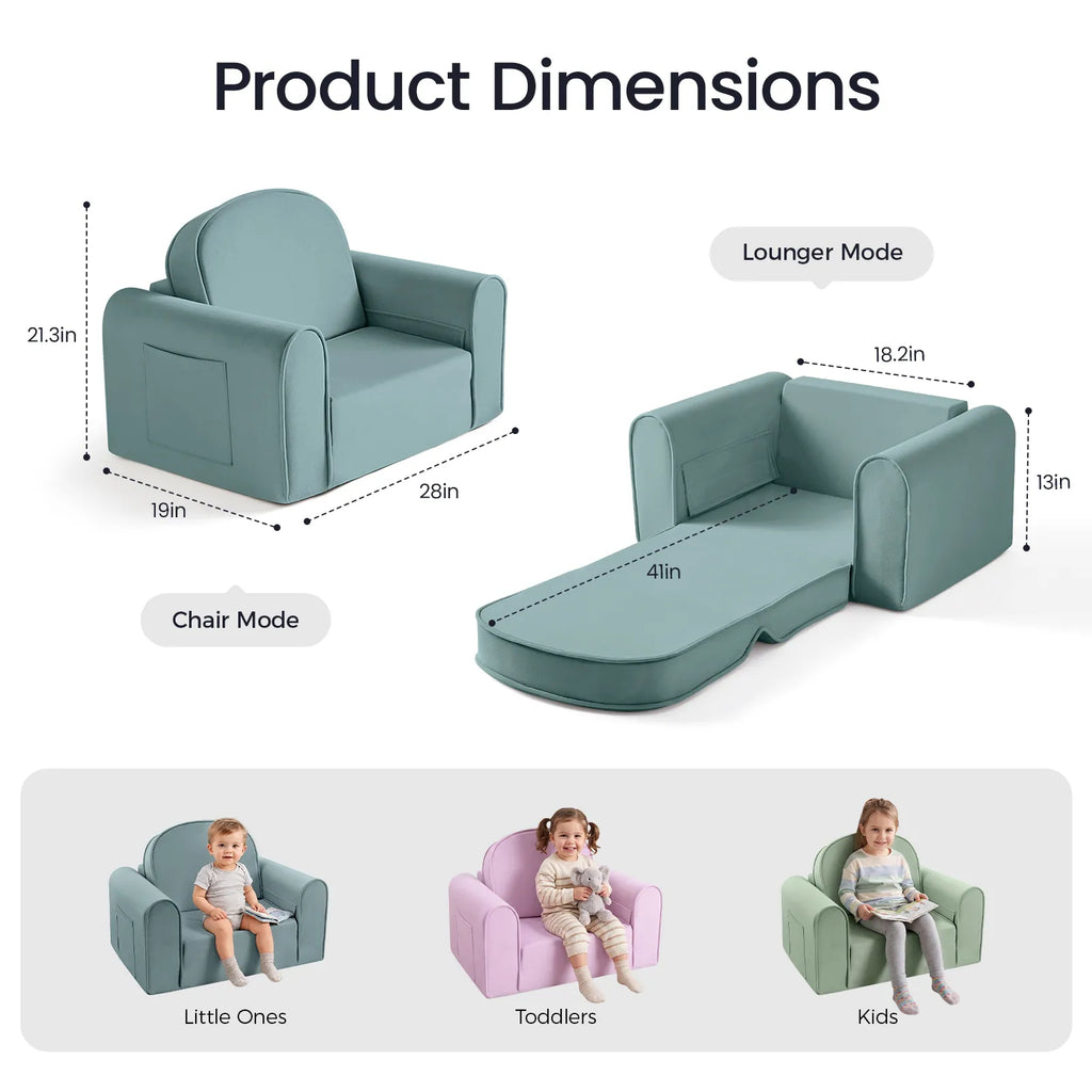 Teal kids sofa chair with lounge and chair modes, padded cushions